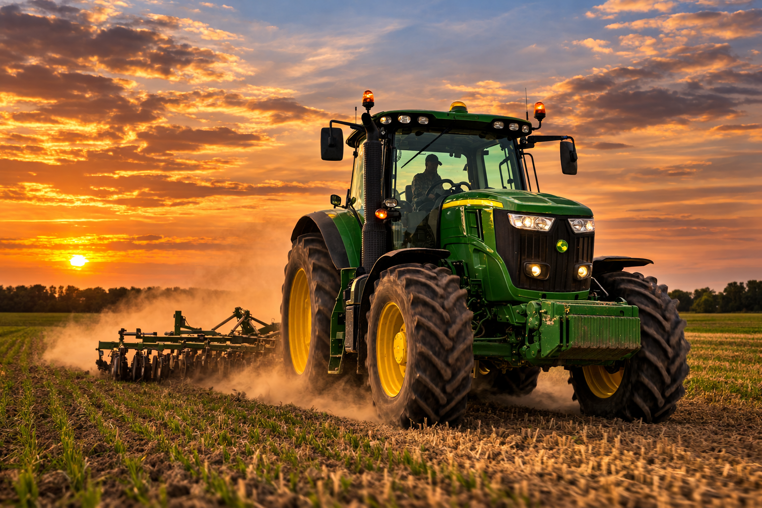 A green tractor plows a field at sunset, creating dust clouds against a colorful sky.