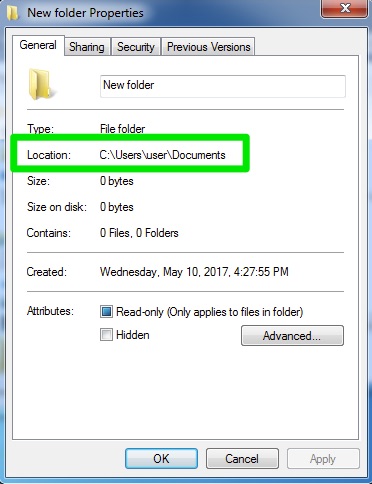 A New Folder Properties dialog box