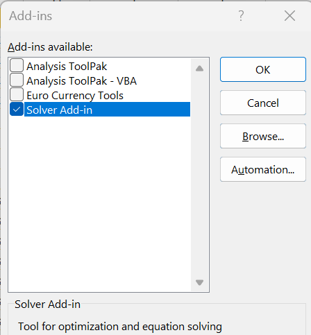 Add-ins dialog window showing available software programs that can be selected.