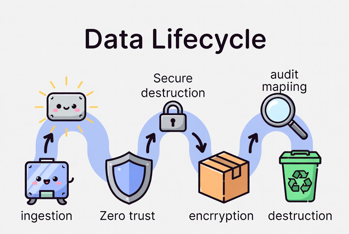 Flowchart: Data lifecycle showing Ingestion, Protection, Governance, and Destruction.
