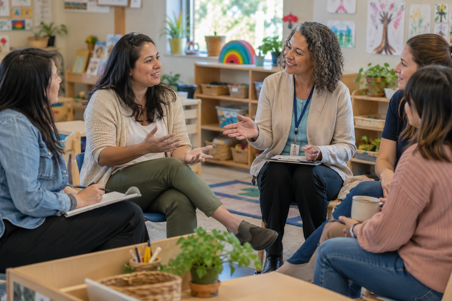 An administrator invites input from educators seated in a discussion circle in a preschool classroom.