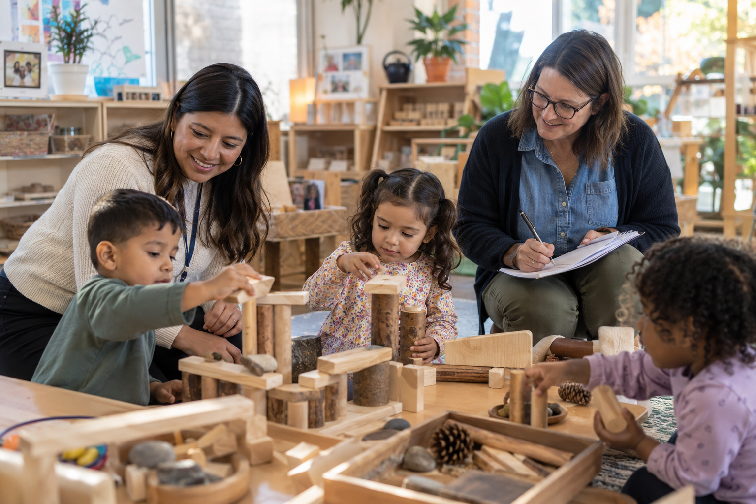 Two educators observe preschool children building with wooden blocks and natural materials; one takes notes.