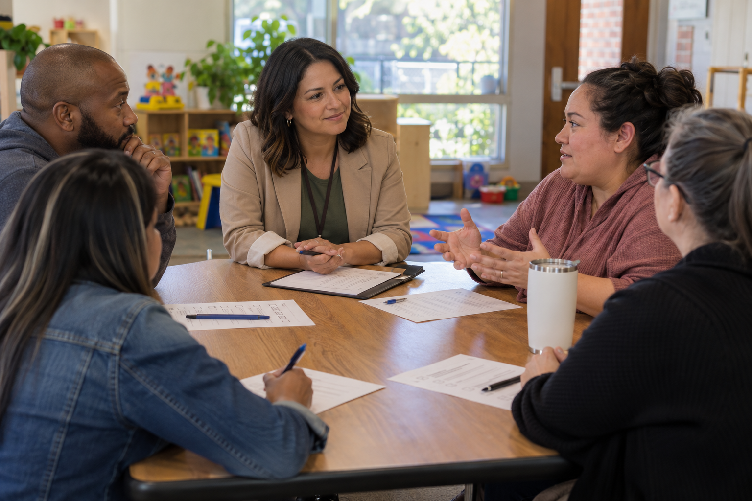 An administrator listens to parents during a focus group, with questionnaires and pens on the table.