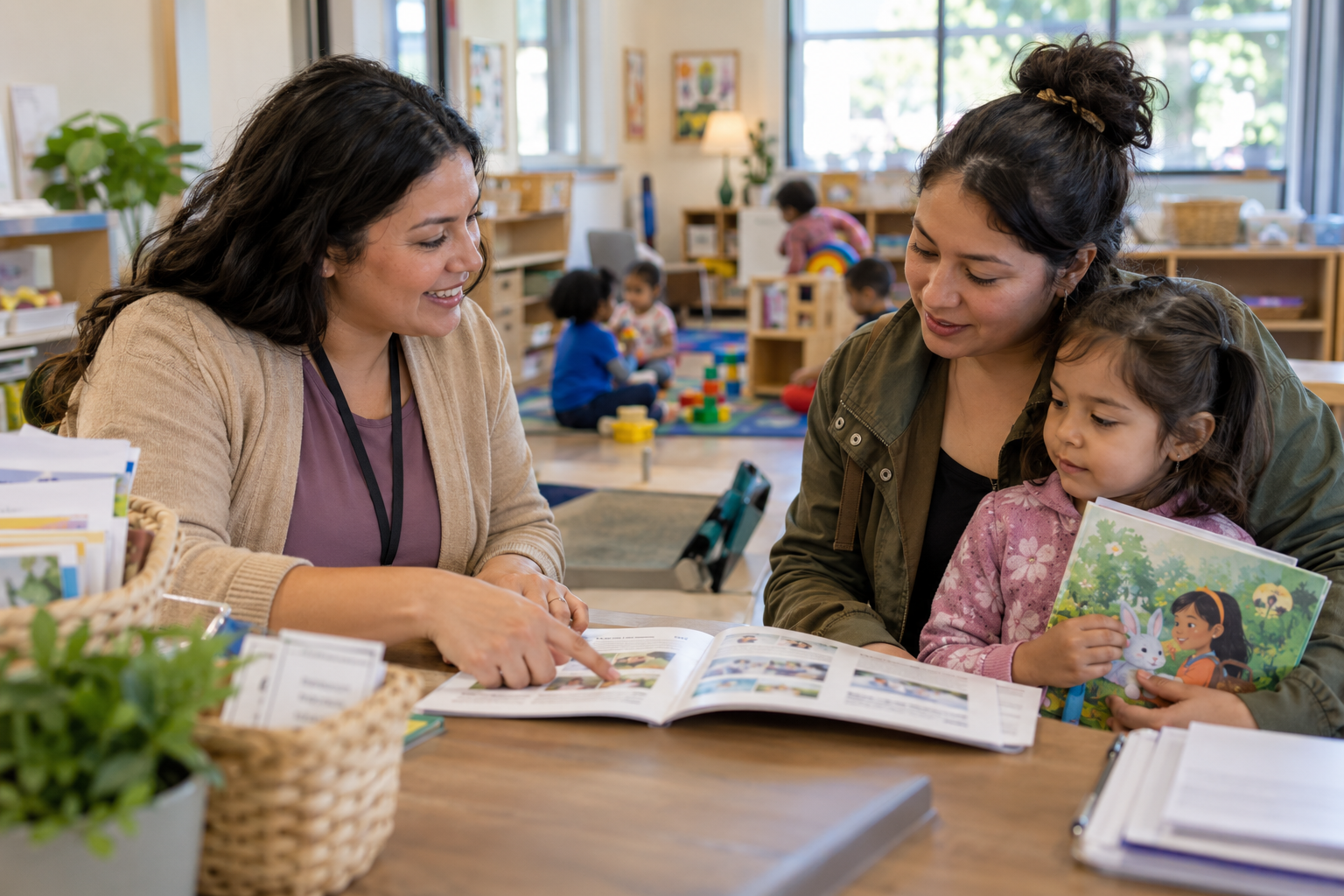 A family support specialist reviews a resource booklet with a parent while the child holds a picture book.
