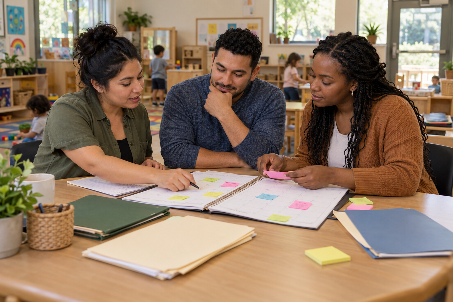 Three staff members organize an evaluation plan with a calendar, folders, and sticky notes.