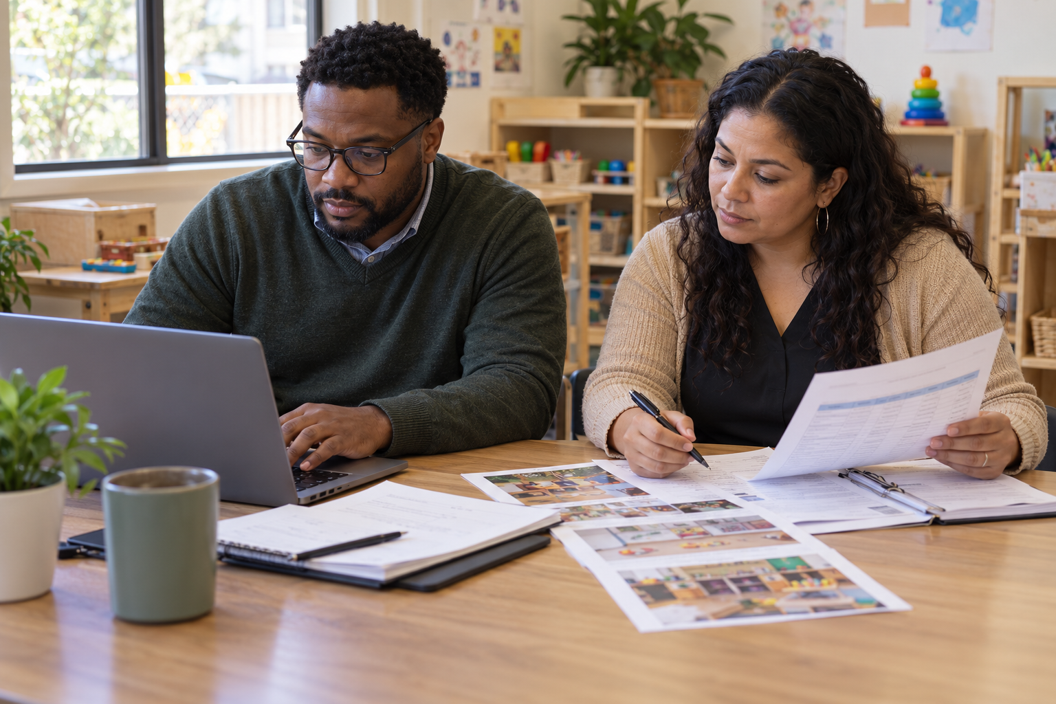 Two staff members prepare a grant proposal with a laptop and project documents.