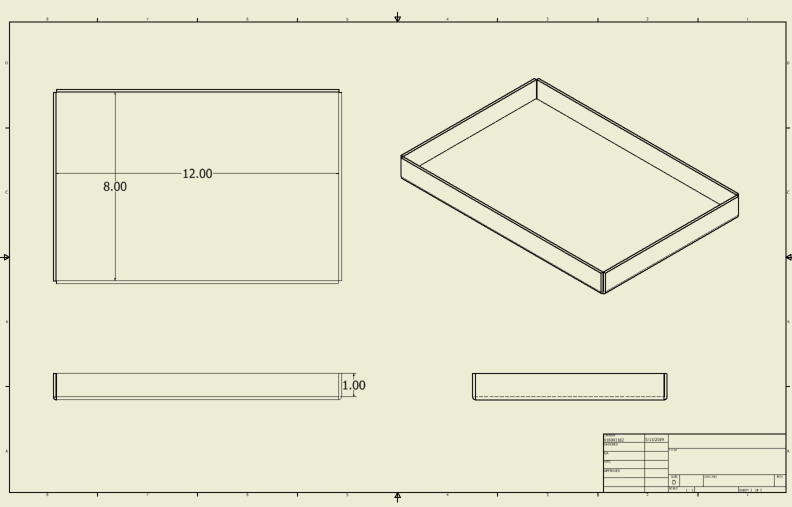 This is an orthographic drawing showing front, right & top views of a pan with an included perspective view. Added to this view are the dimensions of 8" & 12" to the top view and 1" to front view.