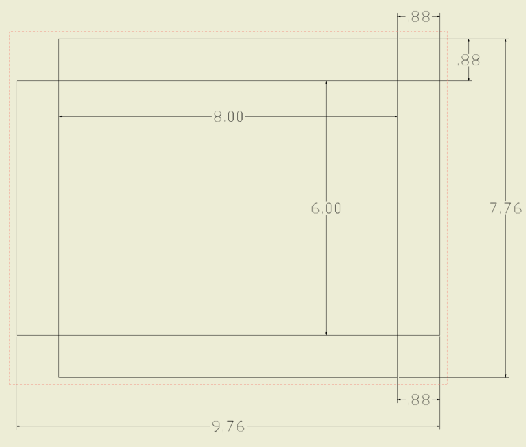 vista en planta de la parte inferior de la sartén con dimensiones .88" para muescas de esquina y 8" x 6" para la dimensión interior del fondo.