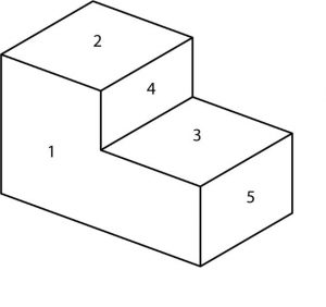 Isometric view of a geometric shape with labels indicating the associated views.
