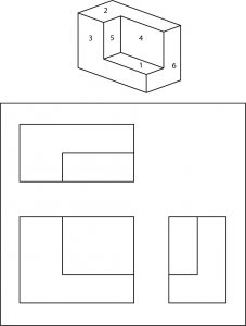 Isometric view of a geometric shape with numbered faces for identification.