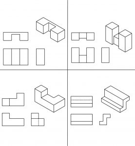 Geometric shapes with the 3 orthographic views.