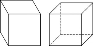 Oblique cube with solid lines and cube with hidden lines.