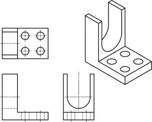 Isometric part with curved surfaces and the 3 orthographic views.