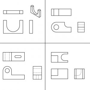 Isometric and Orthographic views of 4 parts that the student needs to complete what is missing