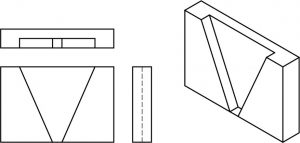 Isometric part with 3 orthographic views.