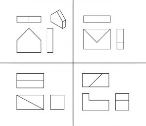 Isometric and orthographic views of 4 parts.