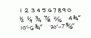 Examples of hand written numbers and fractions.