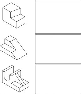 Partes isométricas para practicar el dibujo de proyecciones ortográficas.