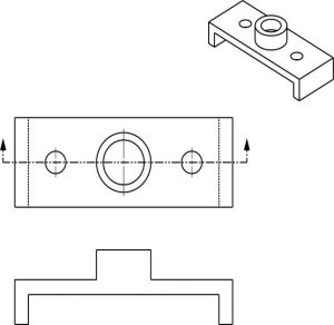 Gráfico que muestra la vista seccionada superior y frontal para la práctica del rayado de vista en sección de dibujo.