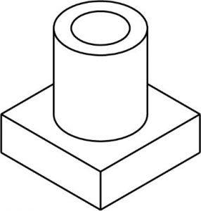 Cylindrical part attached to a square block with a hole drilled through the center.