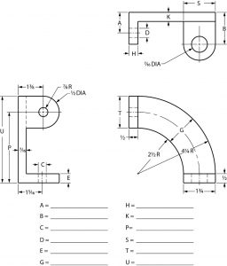 Orthographic drawing of a part partially dimensioned.