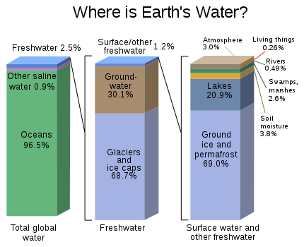 Earth's water displayed in three bar graphs by categories