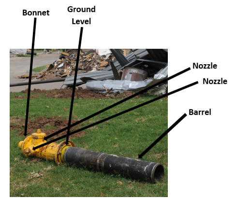 Fire hydrant labeled (bonnet, ground level, nozzles, barrel)