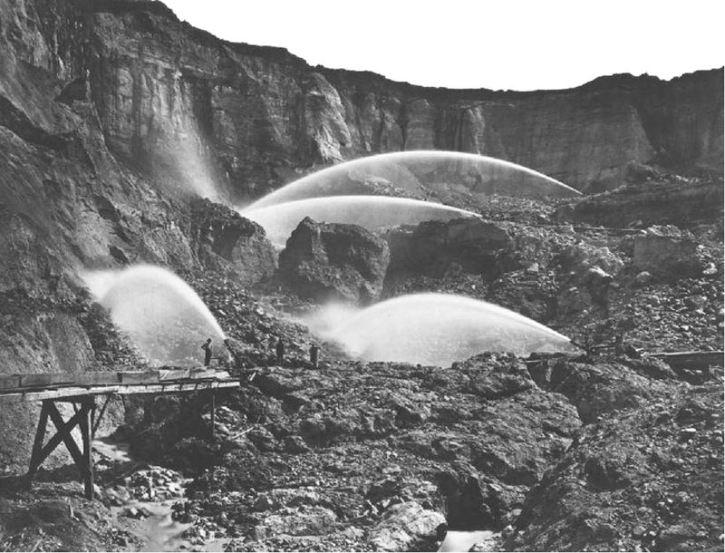Hydraulic Gold Mining by Carlton Wakins is in the public domain - Hydraulic mining in the 1880s in Nevada City, California
