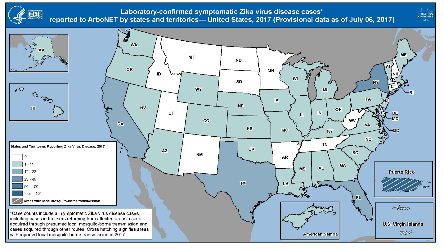 US Map of Zika Virus Cases by the CDC is in the public domain