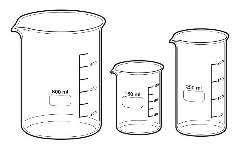 Three illustrated beakers of different sizes in a row