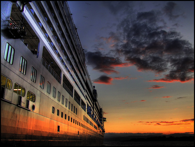 A cruise ship at sunset.