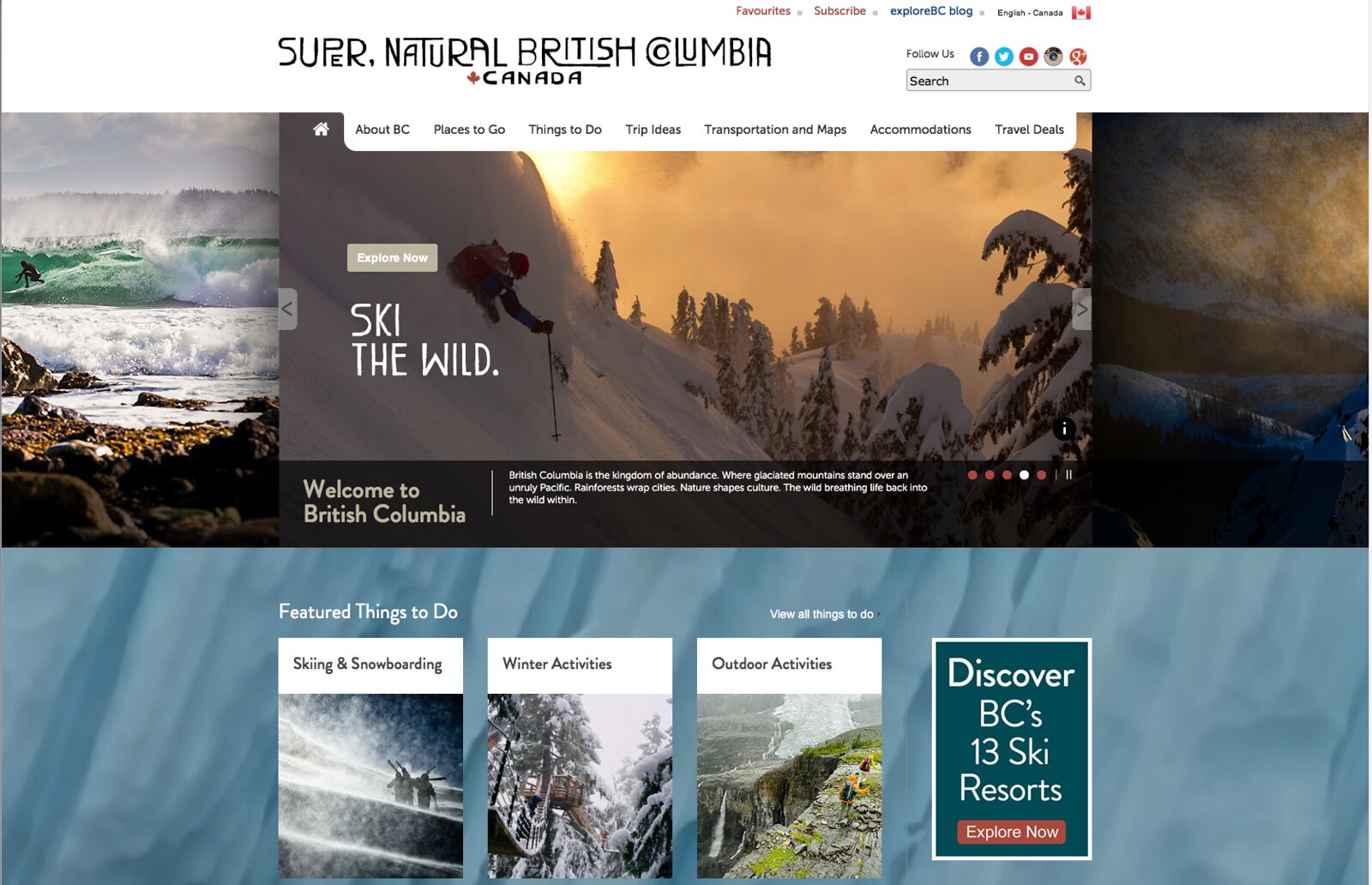 Sitio web de viajes que muestra actividades al aire libre en B.C., como el esquí y el surf.