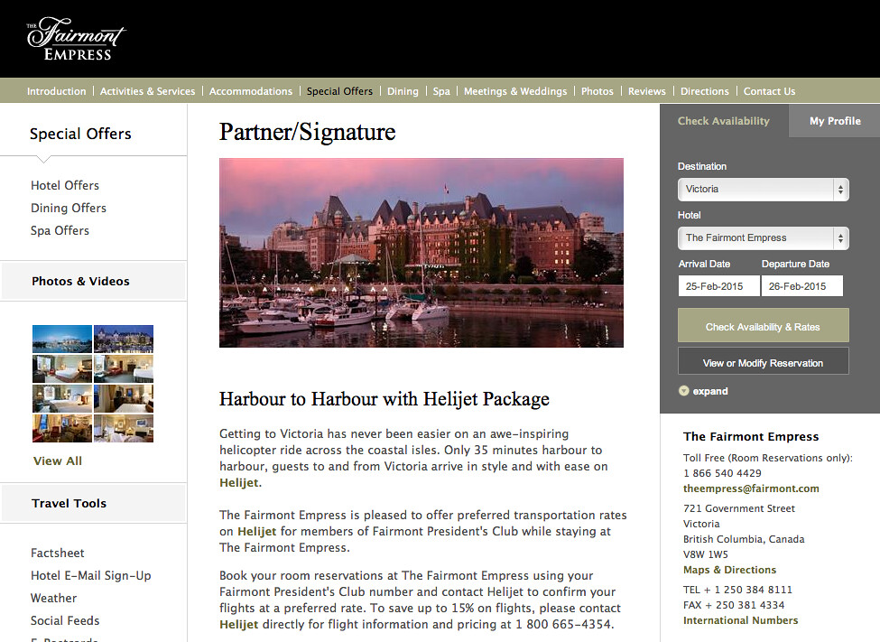 Página web del socio del hotel con el título “Puerto a Puerto con Paquete Helijet”.